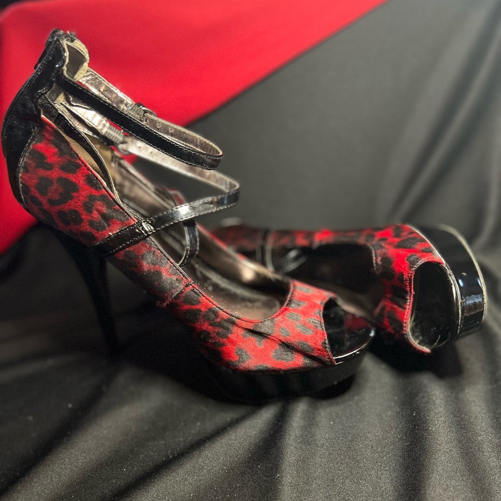 Red Leopard Print Stiletto Platform Shoes